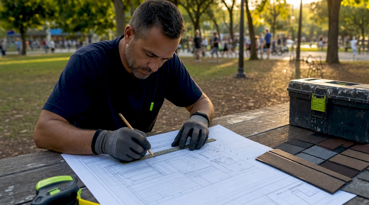 Contractor measuring roofing plans outdoors