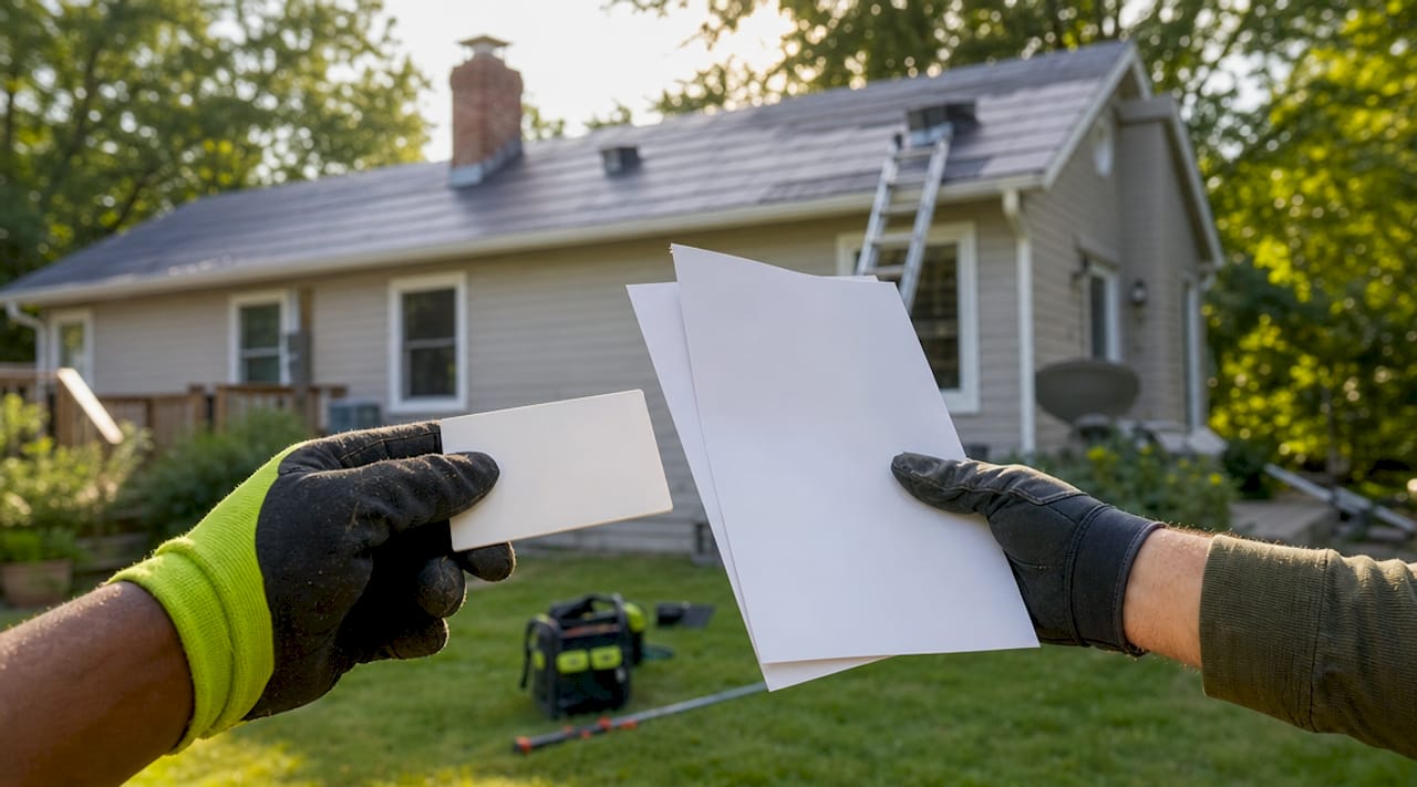Hands holding roofing certification documents outdoors