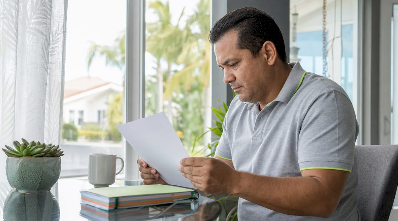 Man reviewing roofing certification document at home