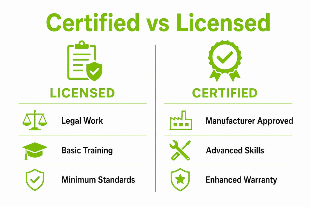 Infographic comparing certified and licensed roofing contractors