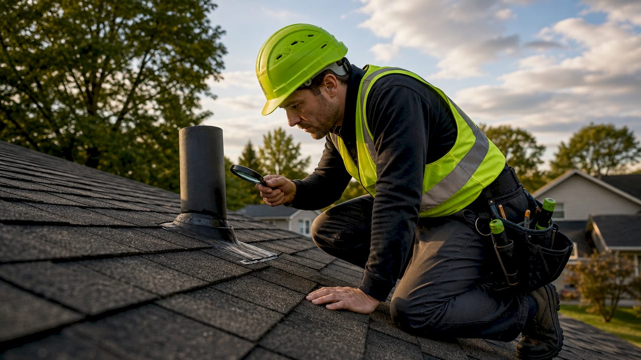 Inspector examining roof flashing on residential roof