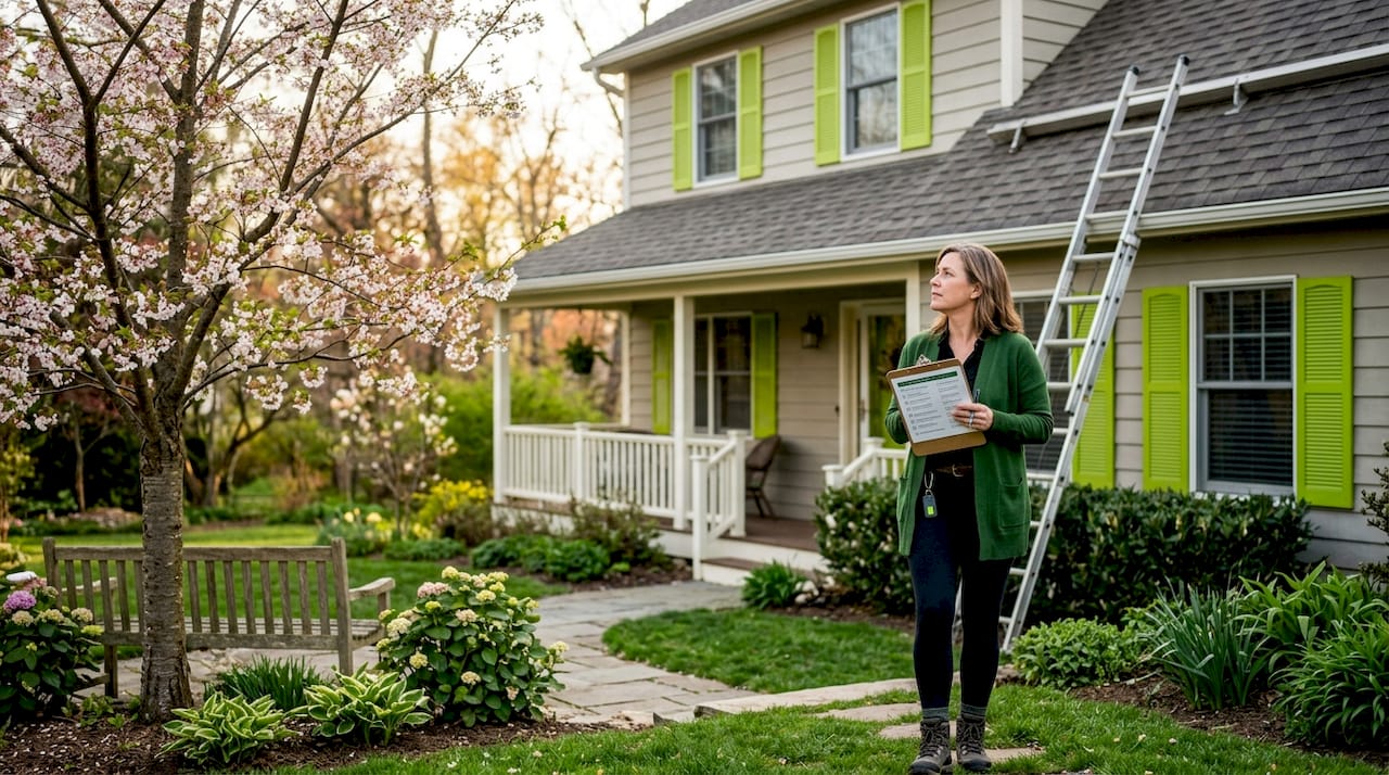 Homeowner reviewing roof while standing outside house