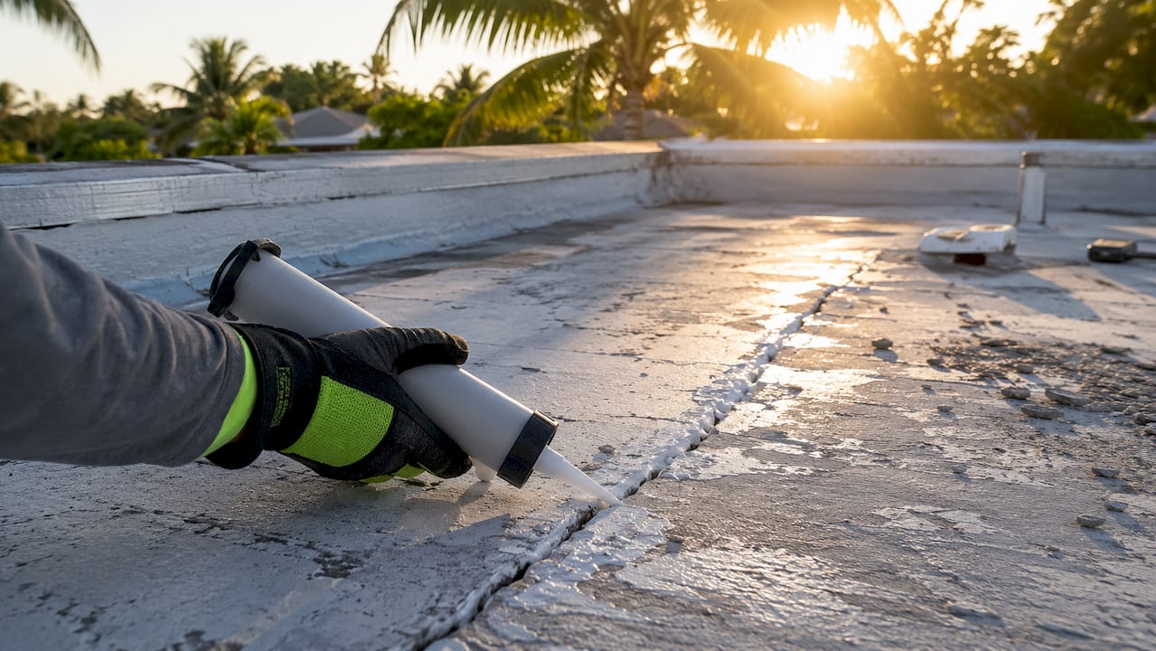 Close-up of cracked roof and sealant repair tools