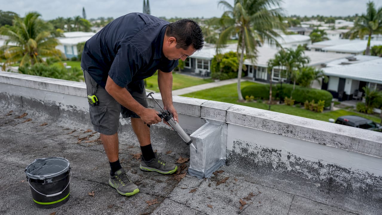 Worker applying roof sealant on Florida home roof