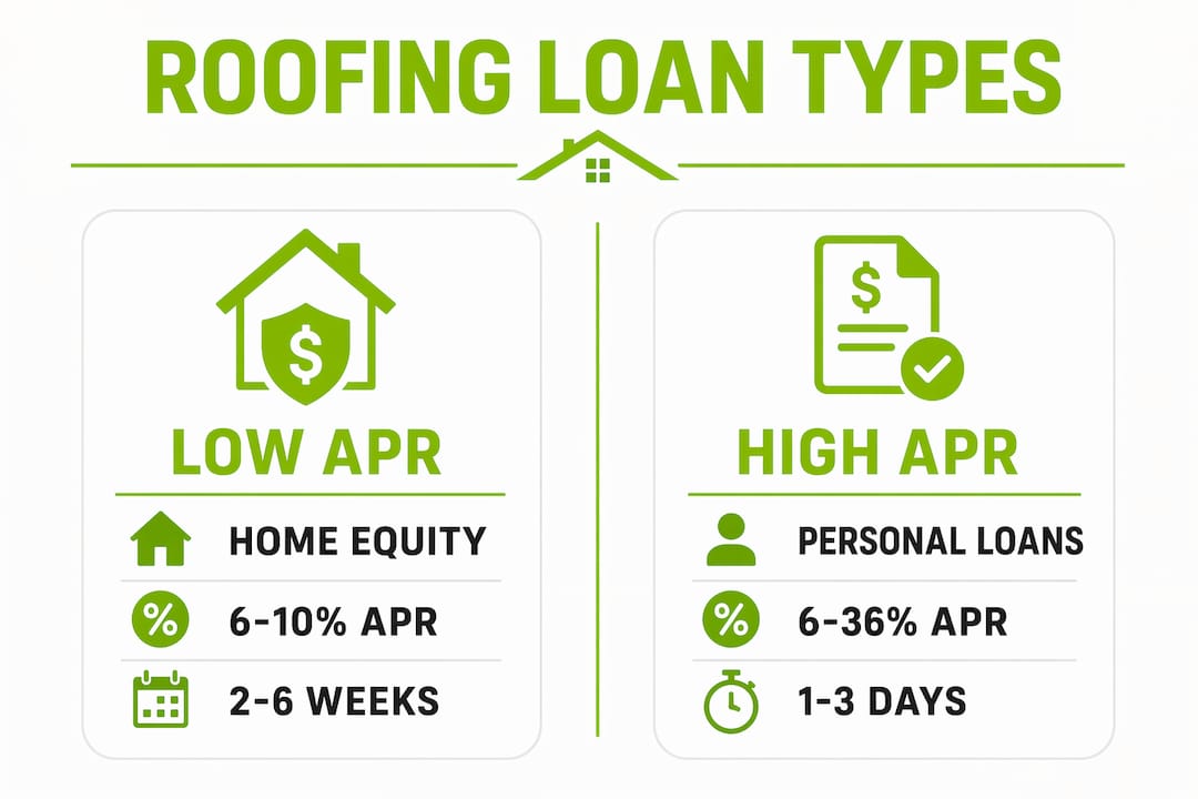 Infographic comparing roofing loan types by APR and funding speed