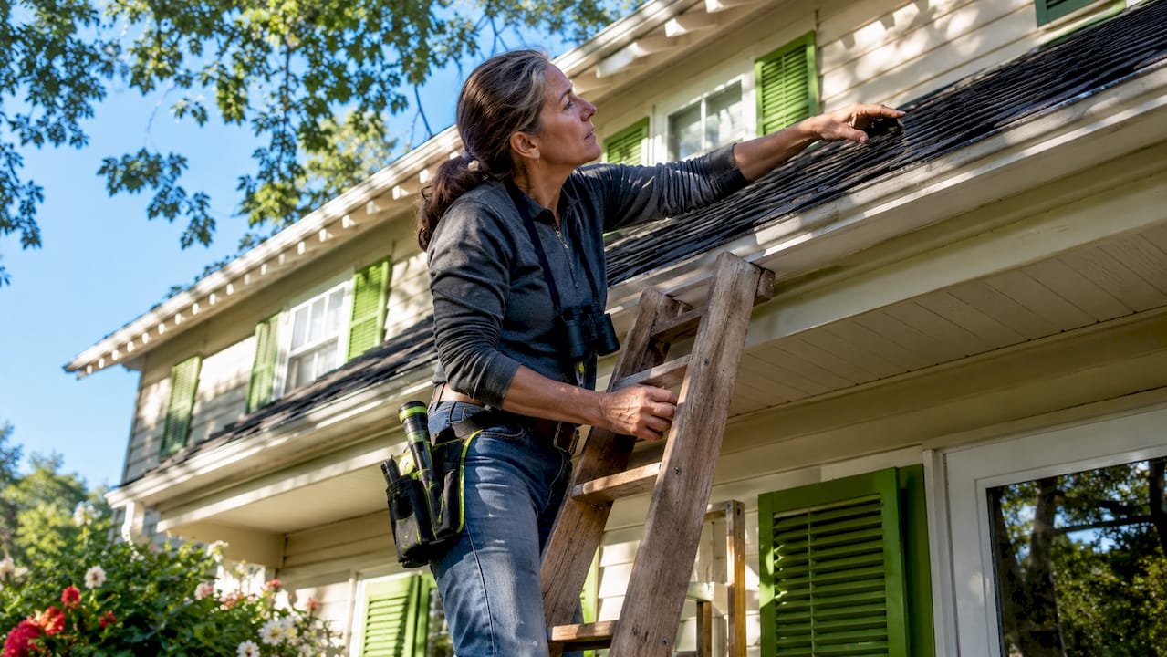 Homeowner inspecting house roof from ladder