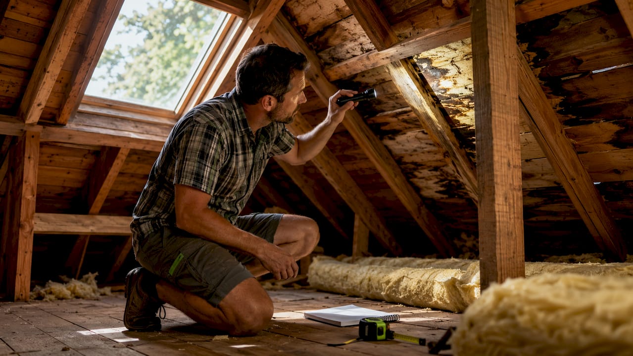 Attic interior inspection with flashlight