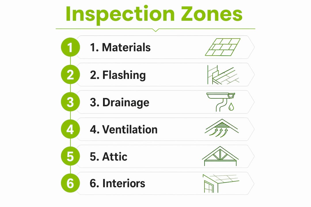 Infographic showing roof inspection zones step by step