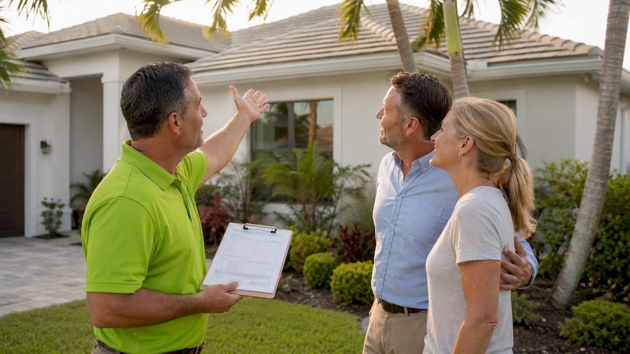 Contractor explaining roofing estimate outdoors to homeowners