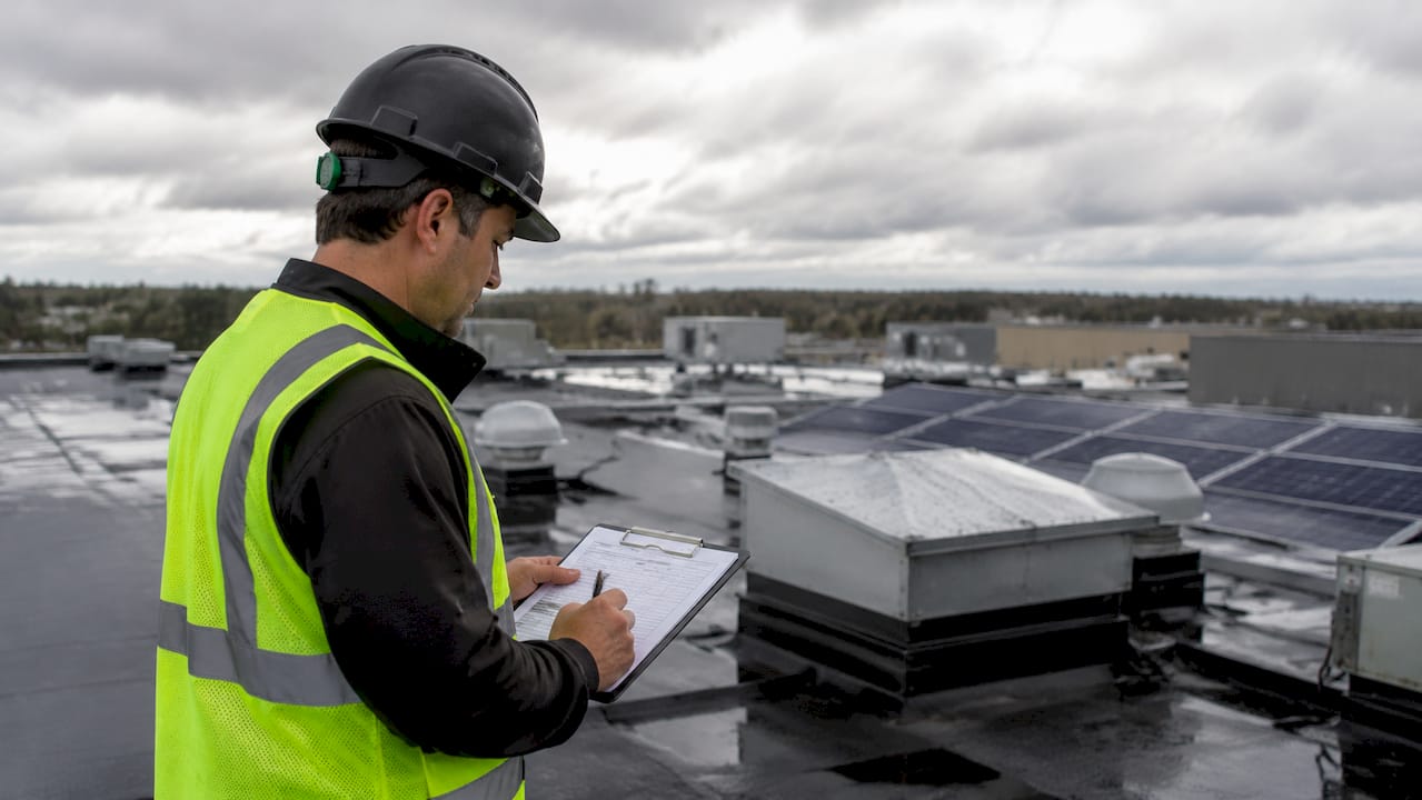 Contractor inspecting commercial roof installation