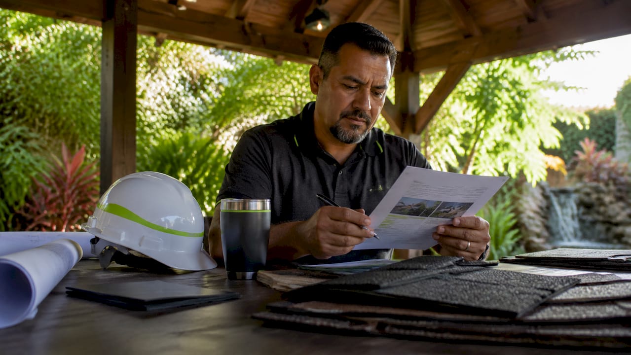 Contractor reviewing roofing license documents