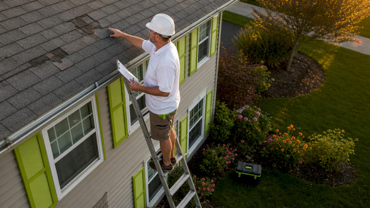 Homeowner inspecting damaged roof shingles on ladder