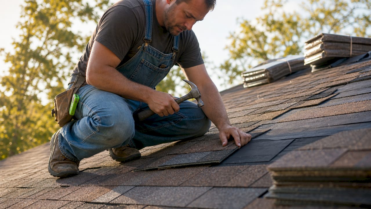 Roofer replacing asphalt shingles on residential roof