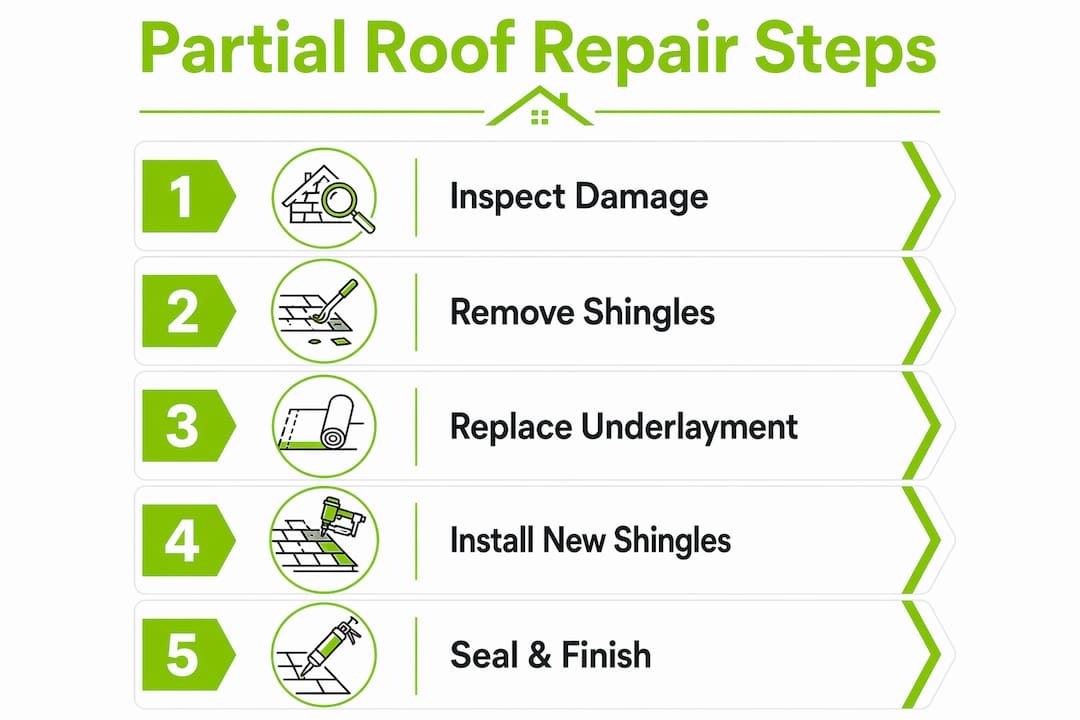 Infographic illustrating steps for partial roof repair