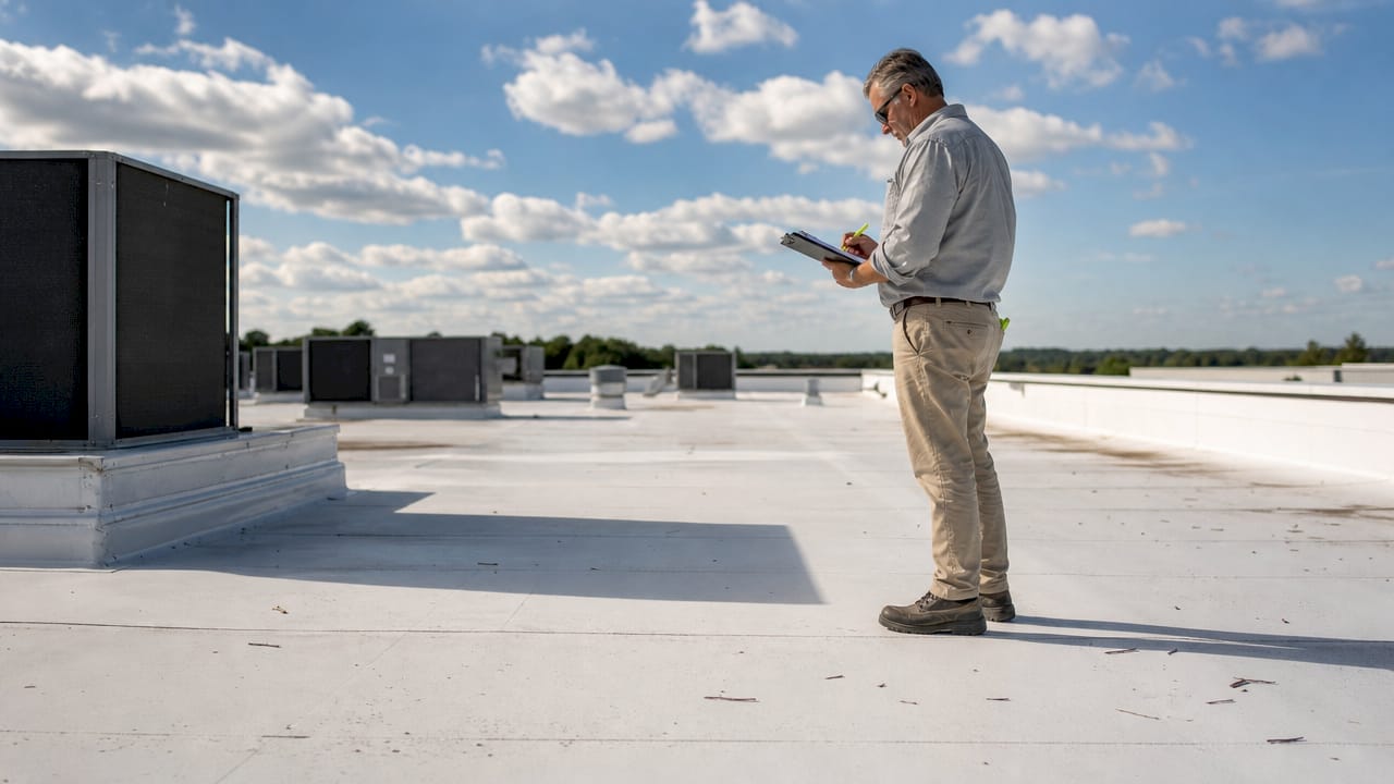 Person inspecting commercial flat roof membrane