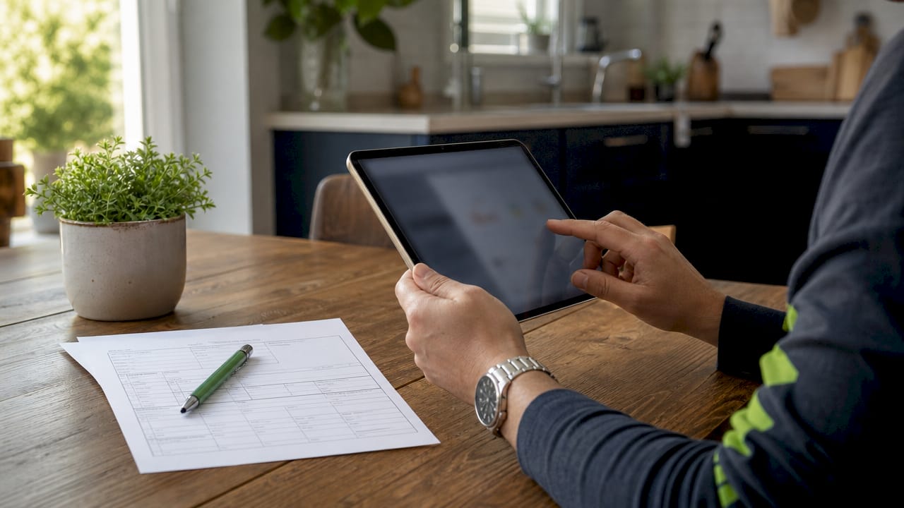 Hands verifying roofing license online on tablet