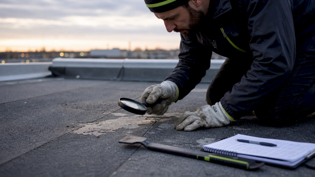 Close-up of hands inspecting membrane roof surface
