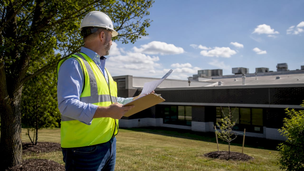 Property manager inspecting commercial roof checklist