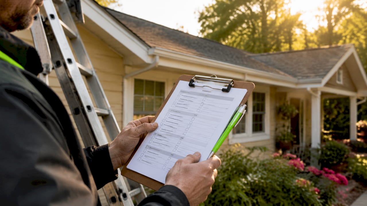 Hands reviewing roof inspection checklist outdoors