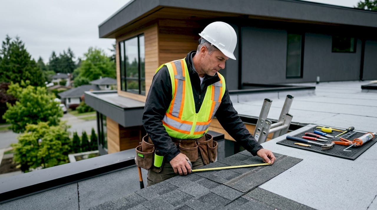 Roof inspector examining shingles on repaired roof