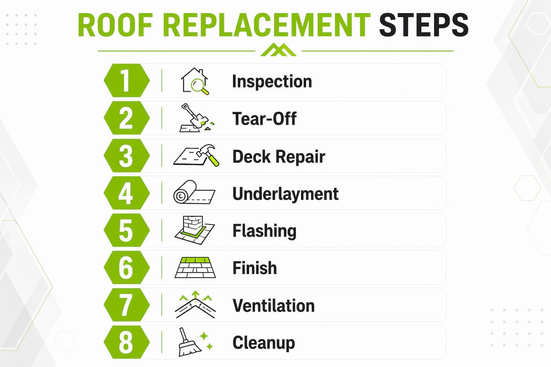Infographic showing roof replacement steps in sequence