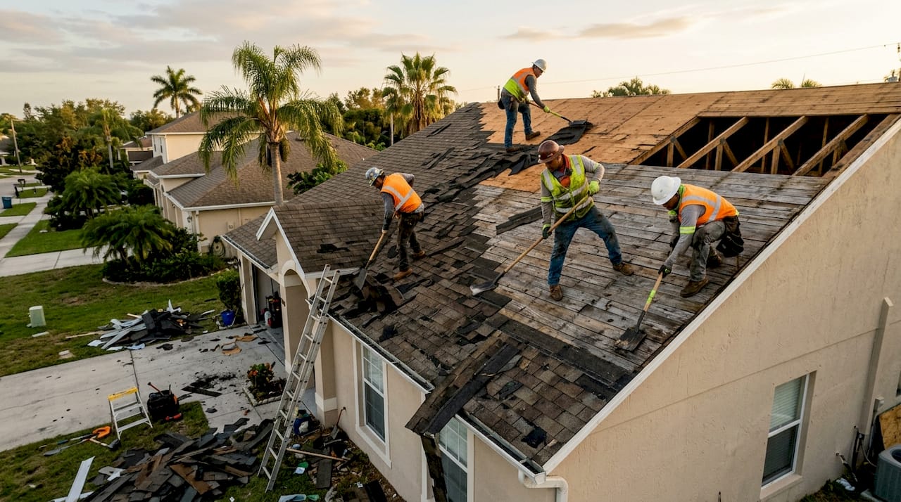 Workers tearing off old roof shingles outdoors