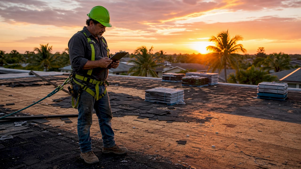 Contractor inspecting Florida home roof replacement