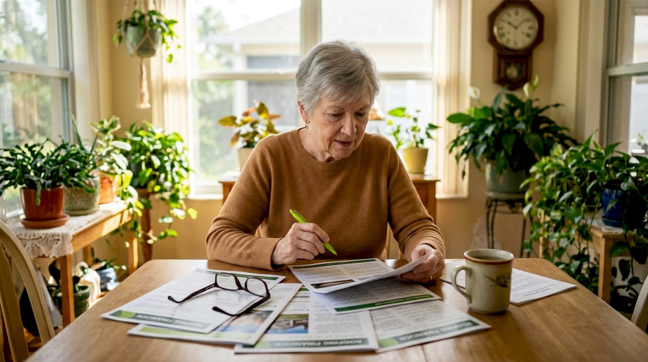 Senior woman reviewing roofing financing brochures