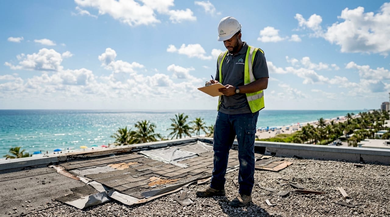 Contractor inspecting storm roof damage outdoors