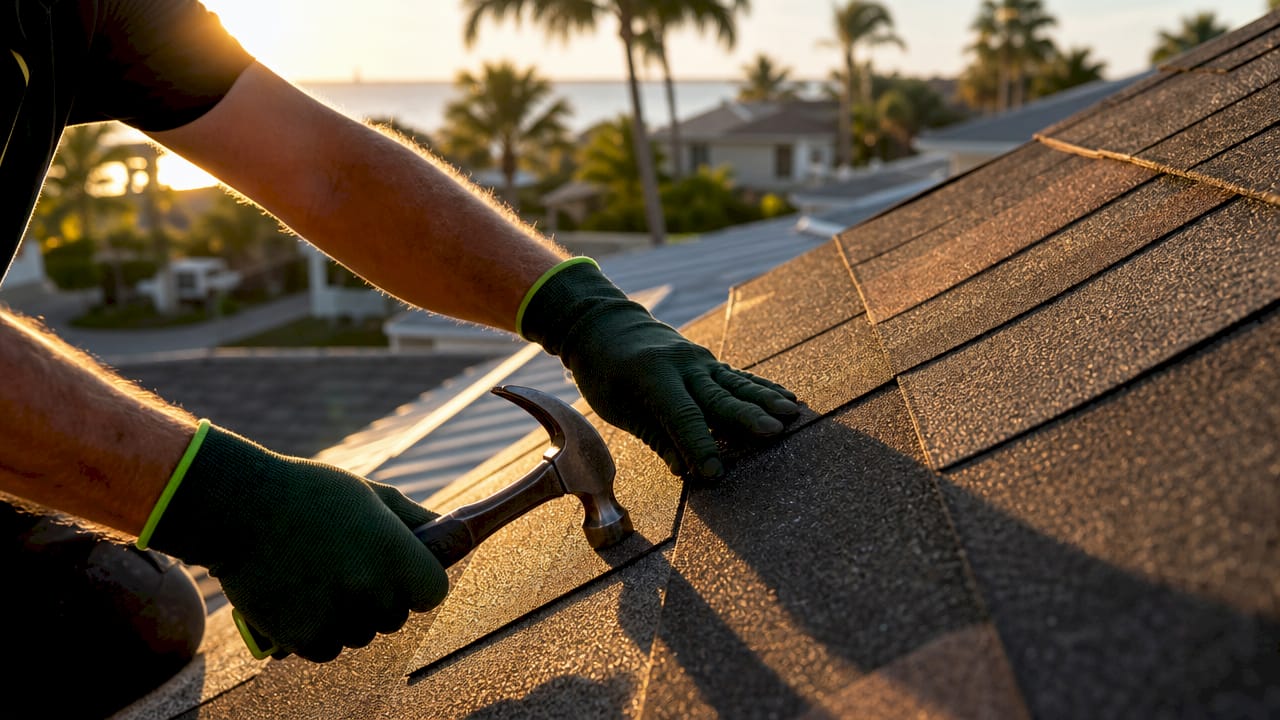 Close-up hands installing architectural shingles on roof