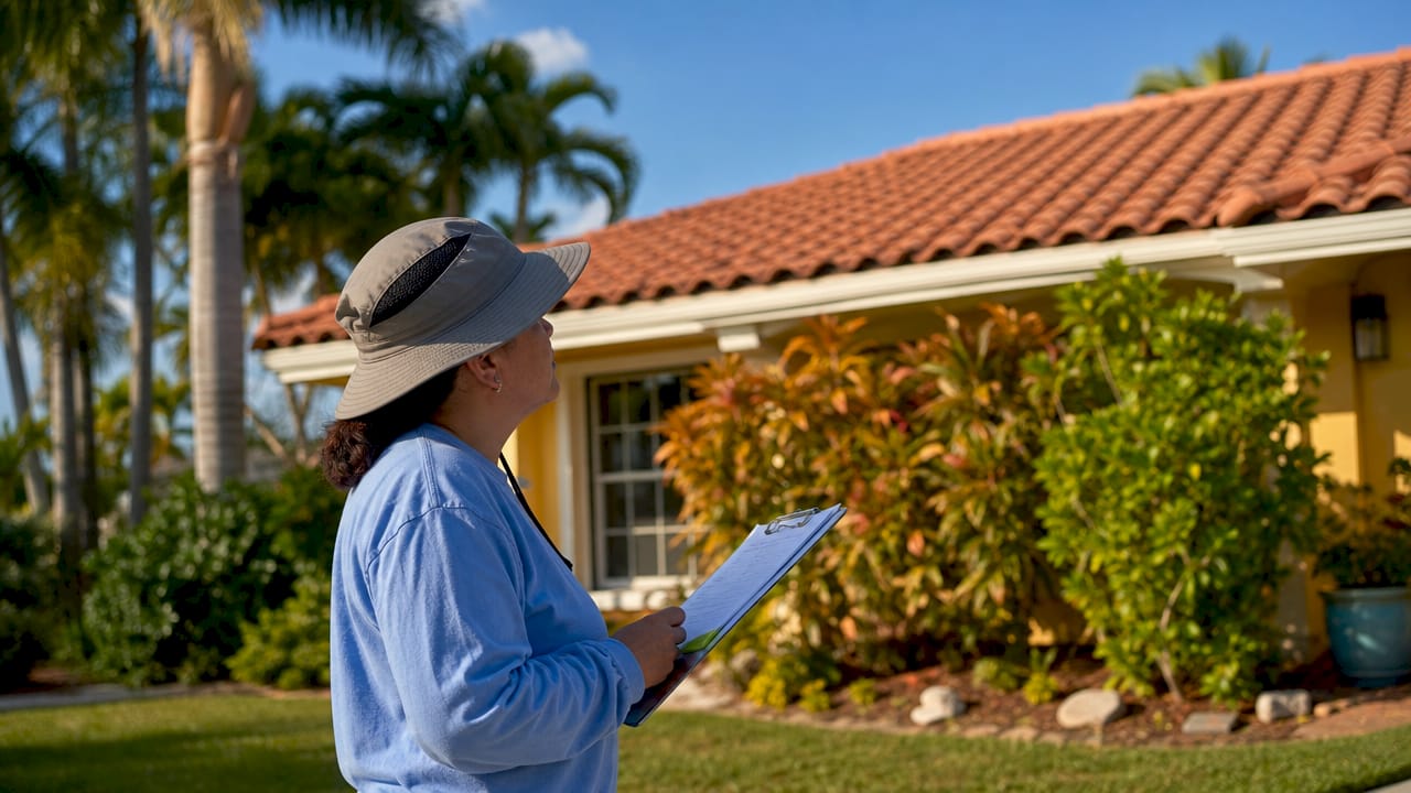 Woman inspecting Florida home's roof outdoors