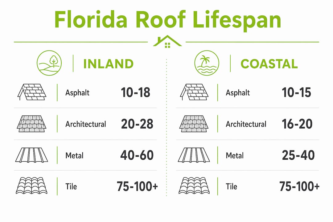 Infographic comparing inland and coastal roof lifespans in Florida