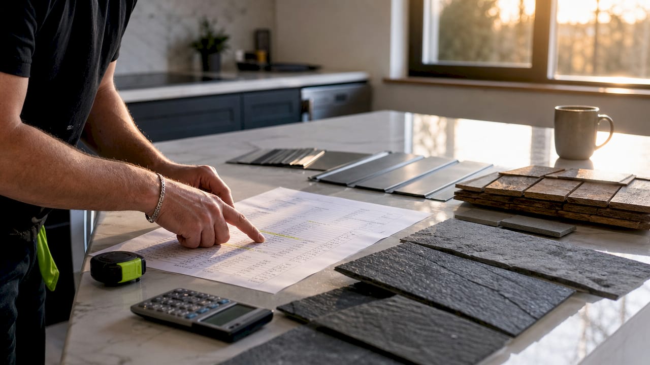 Hands pointing at roofing cost estimates on table