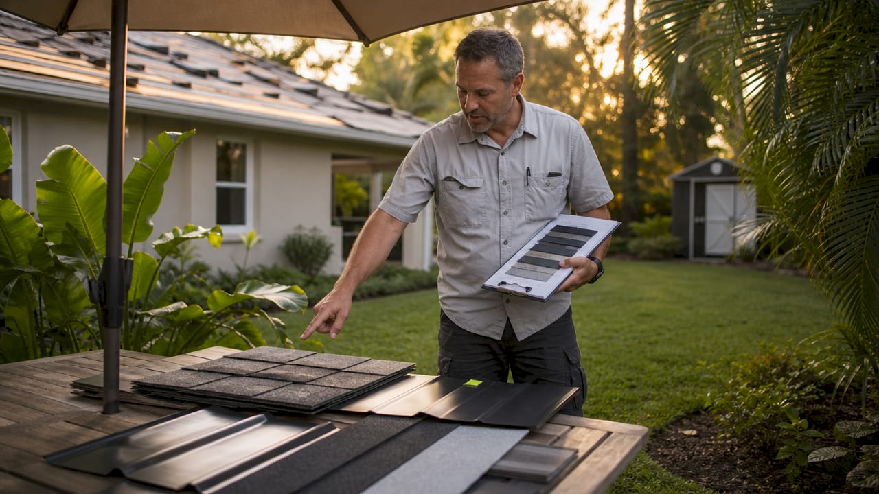 Contractor comparing roofing materials outdoors