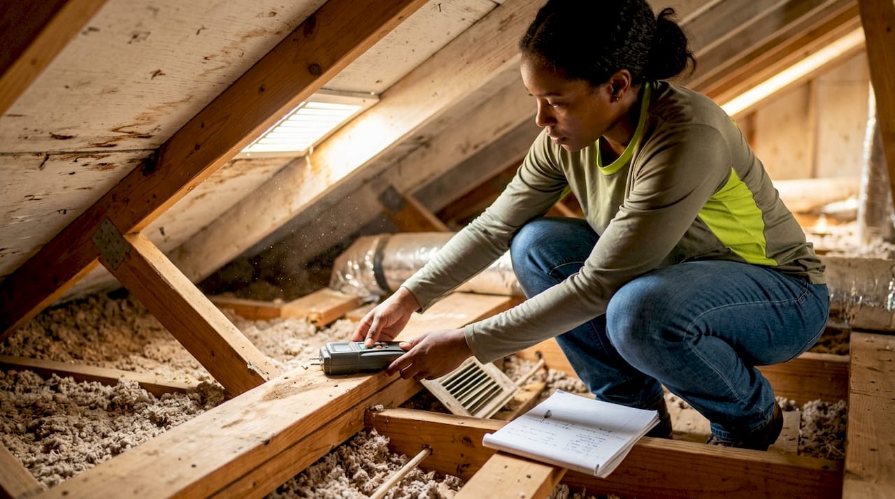 Contractor inspecting attic ventilation in Florida home
