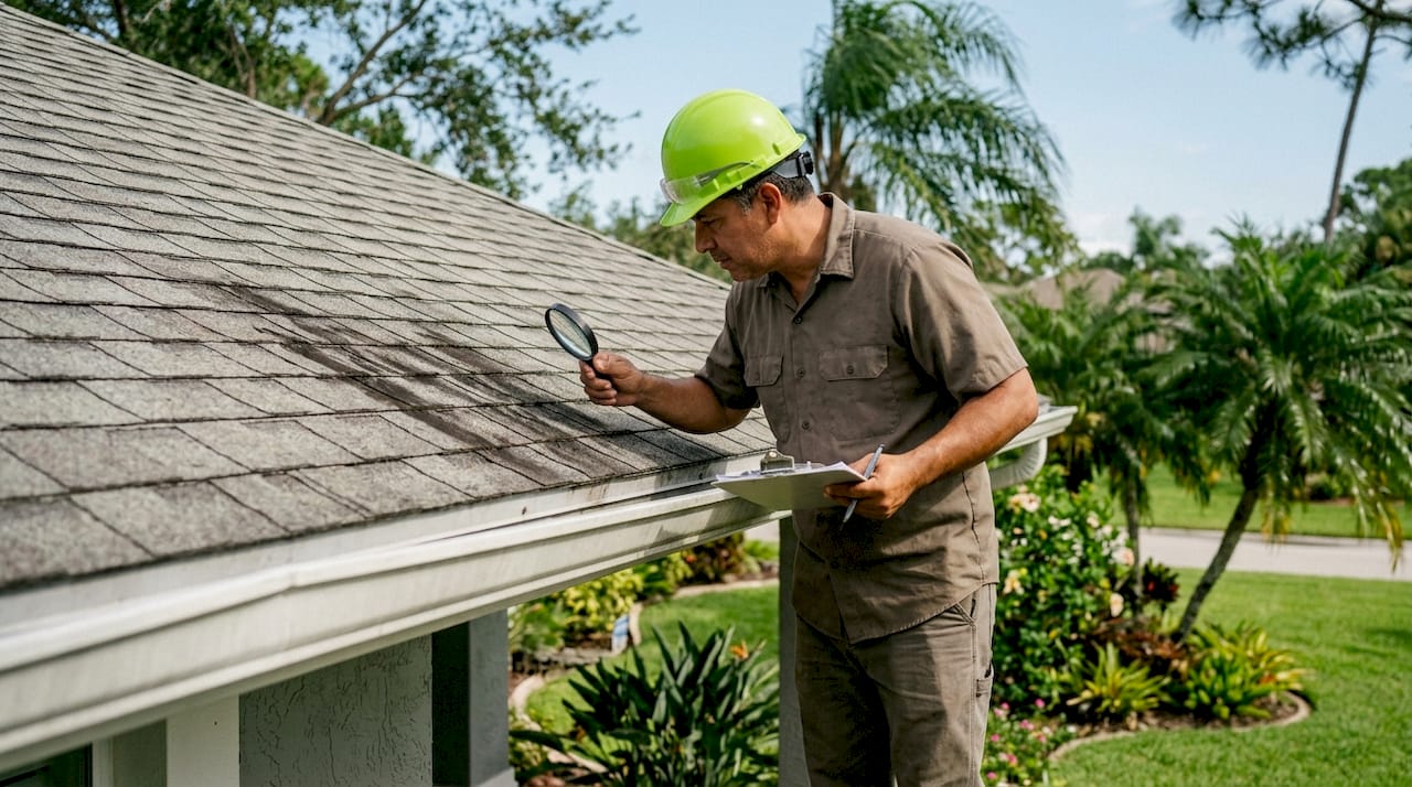 Inspector examining algae on Florida roof shingles