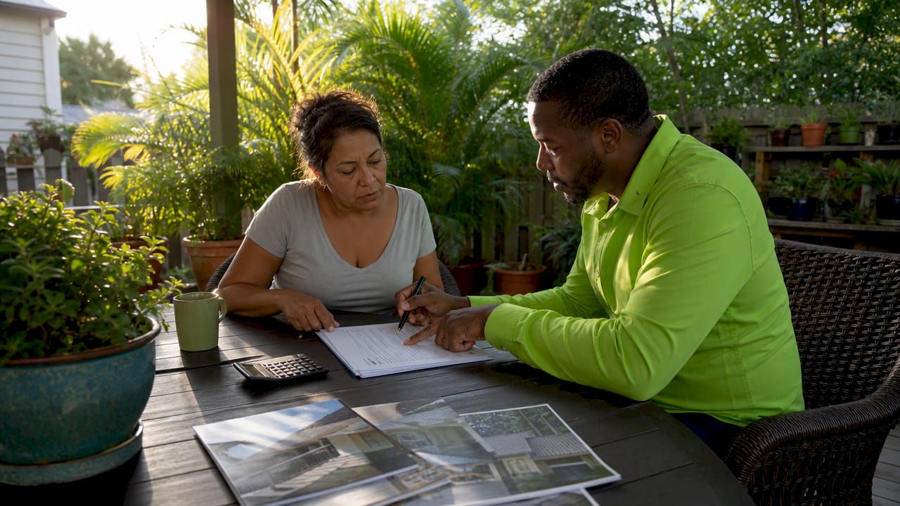 Homeowner discussing roofing contract with contractor indoors