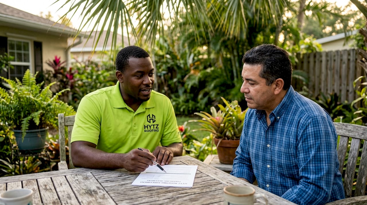 Roofing contractor and homeowner discussing financing