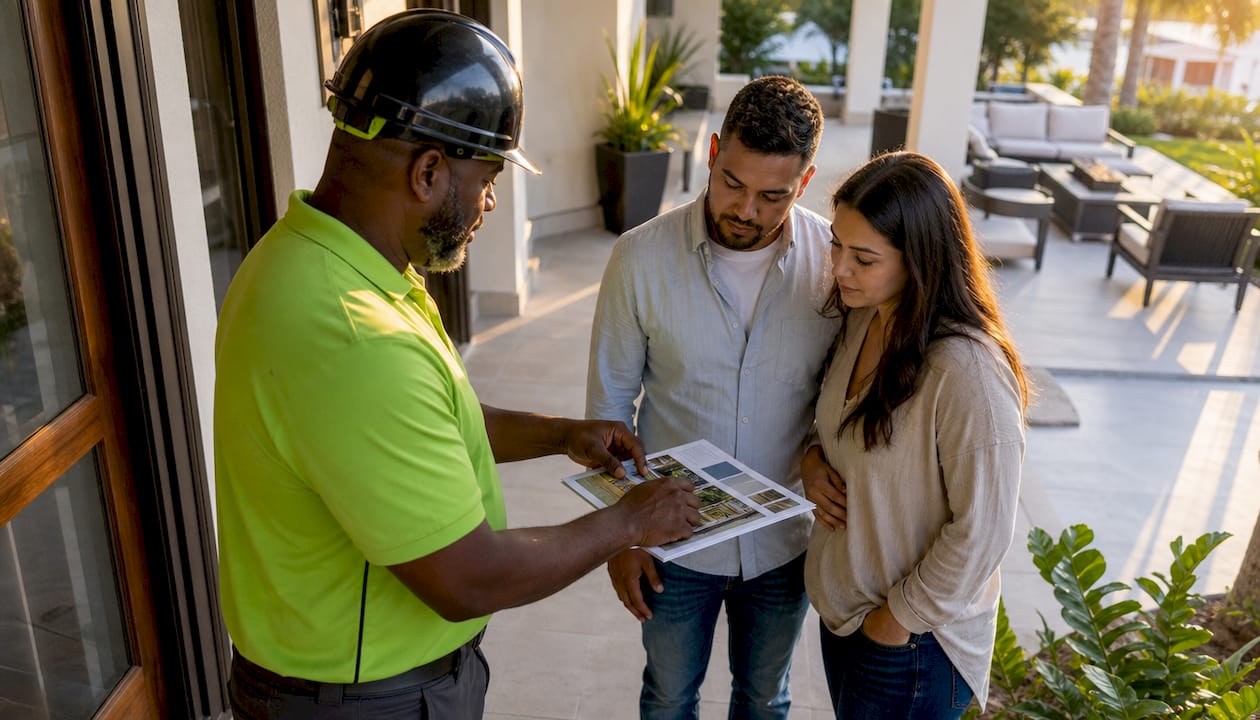 Contractor explaining GAF financing to Florida homeowners outside home