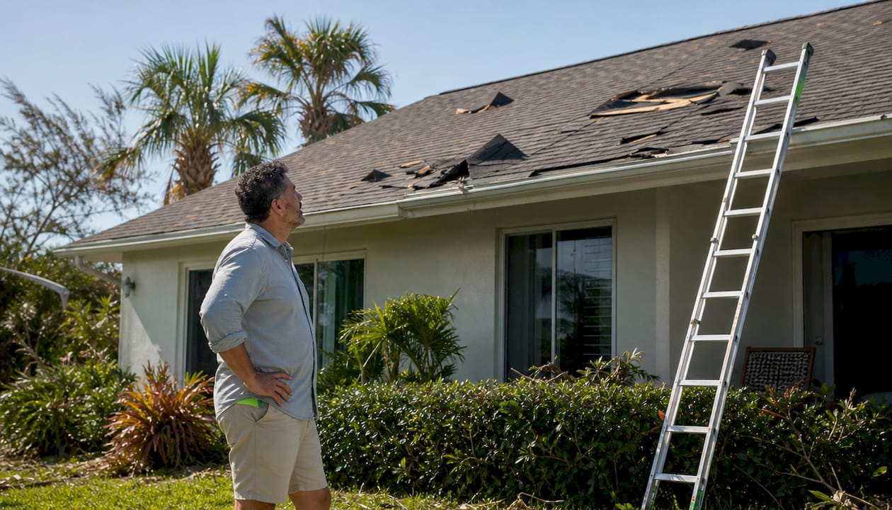 Aerial view of Florida home with storm roof damage