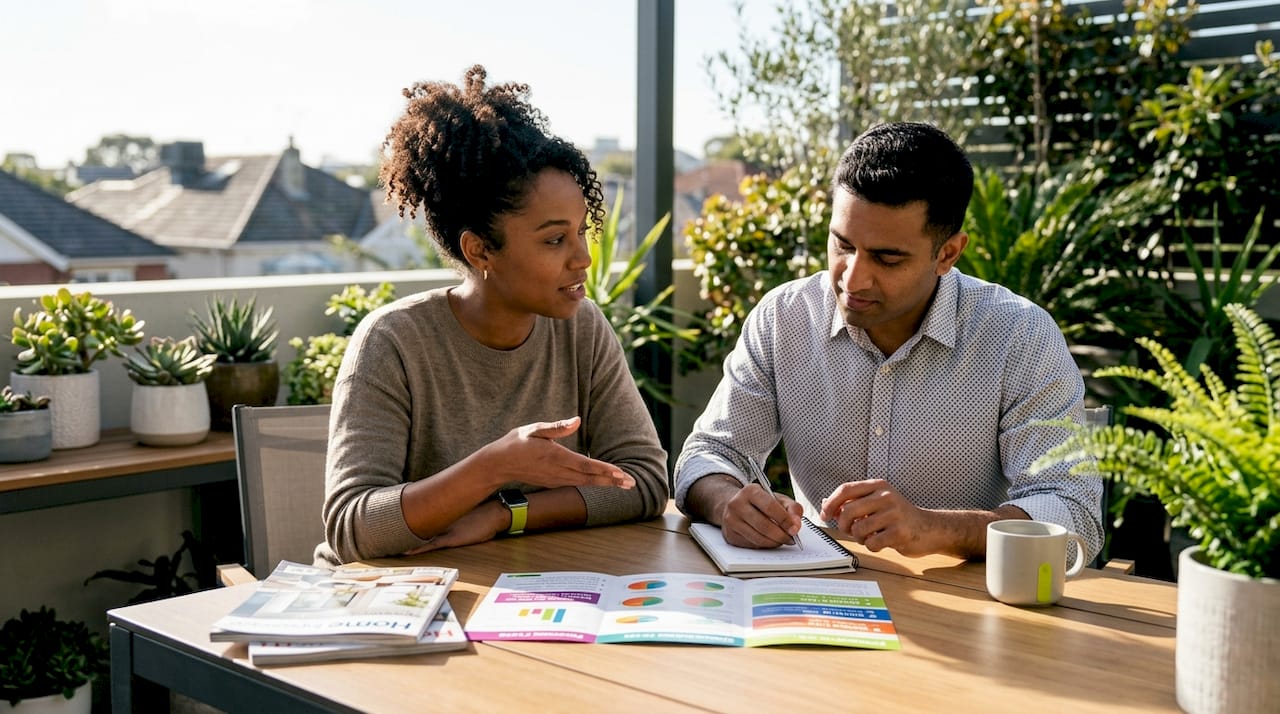 Couple discussing roof financing options at café