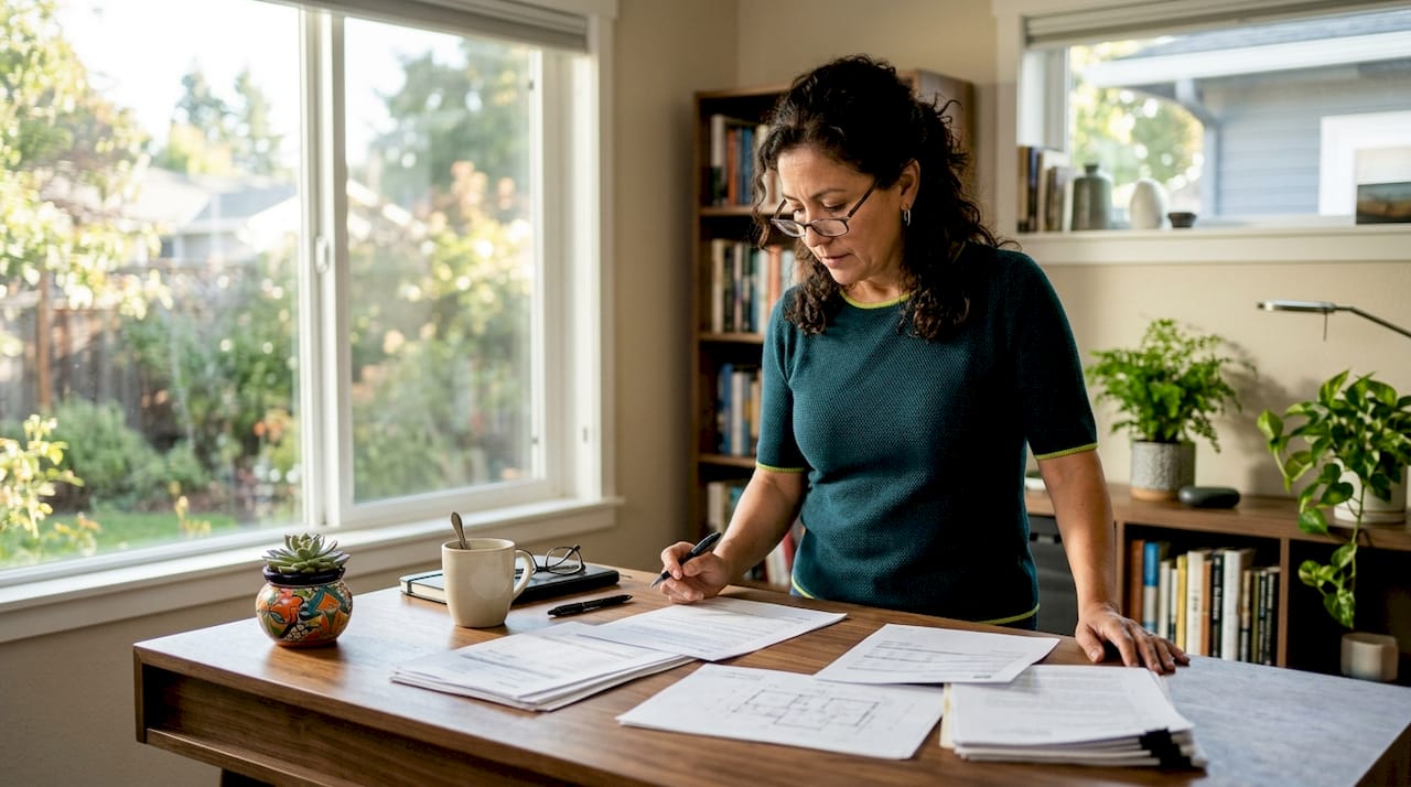 Homeowner reviewing roofing bids at kitchen table