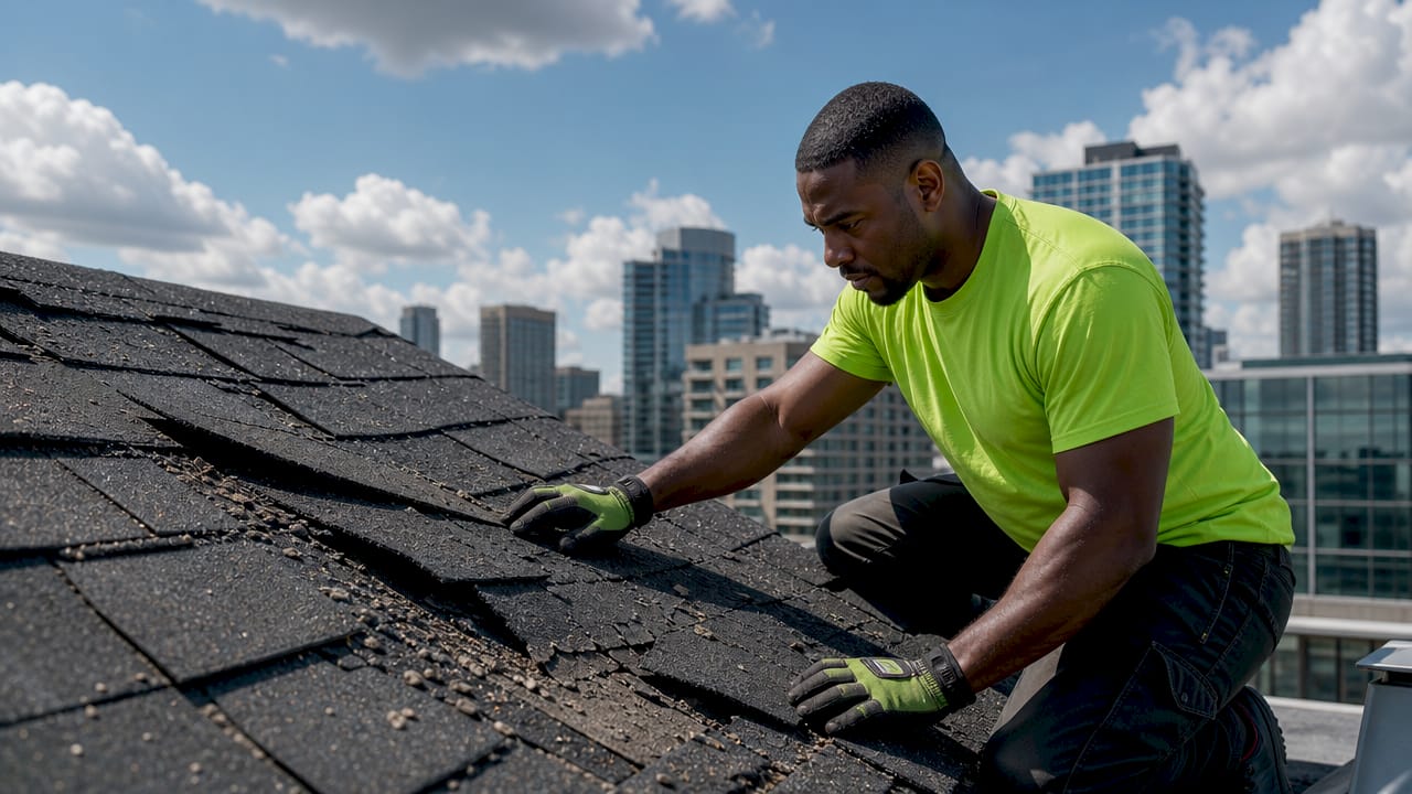 Hands inspecting damaged roof shingles closely