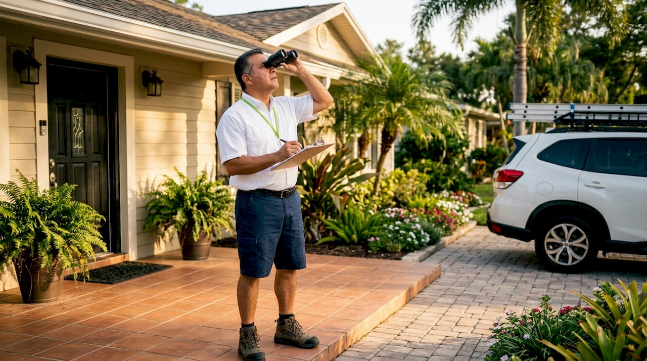 Insurance inspector evaluating Florida roof exterior