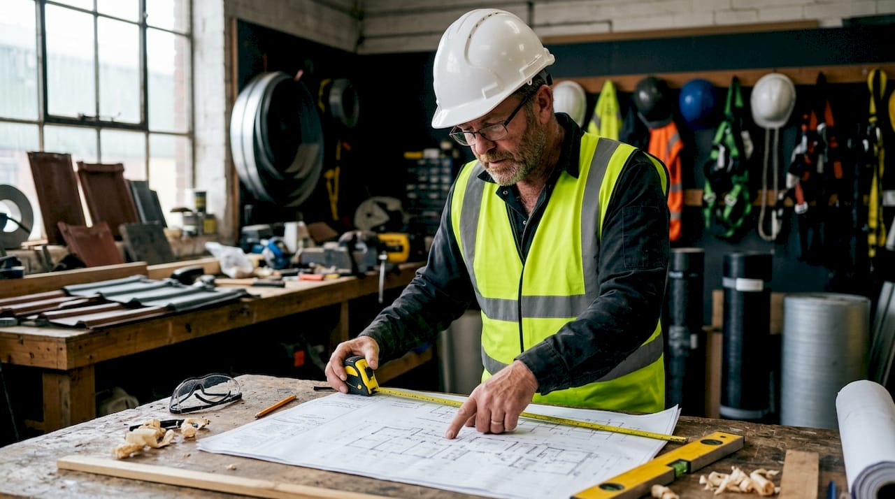 Roofing engineer inspecting residential roof