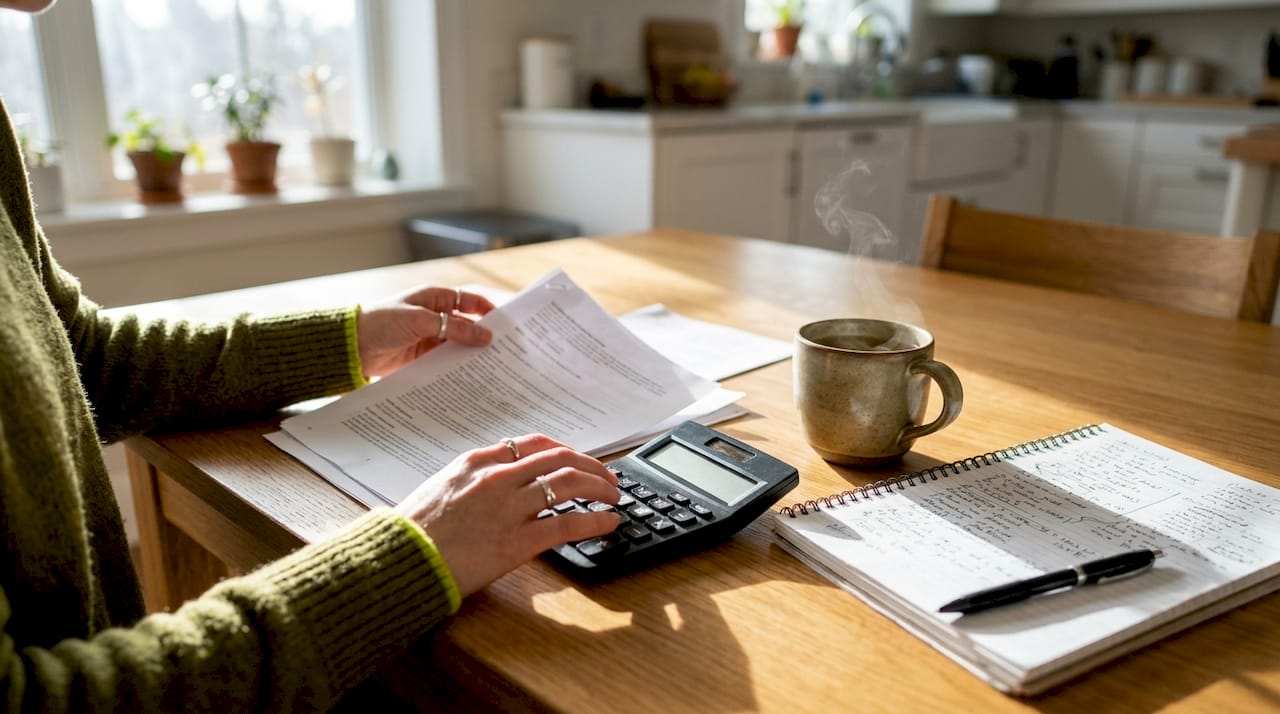 Hands calculating credit and debt ratio at desk