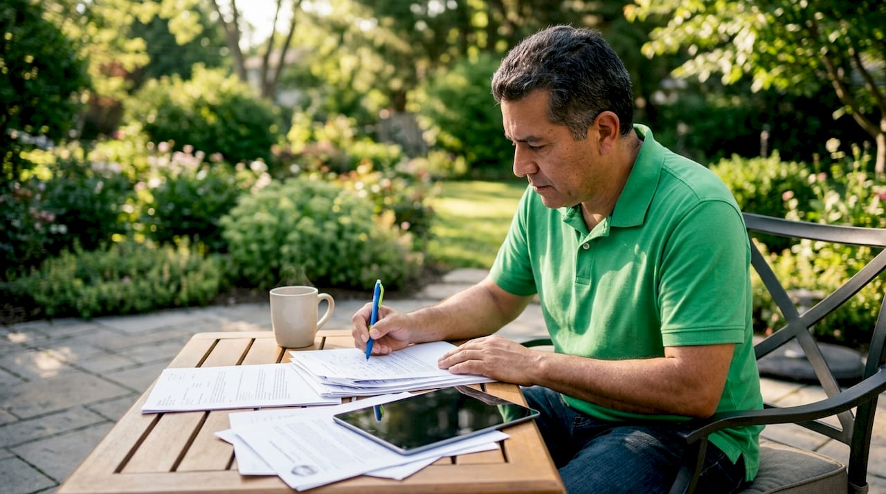 Man reviewing roofing financing documents at home