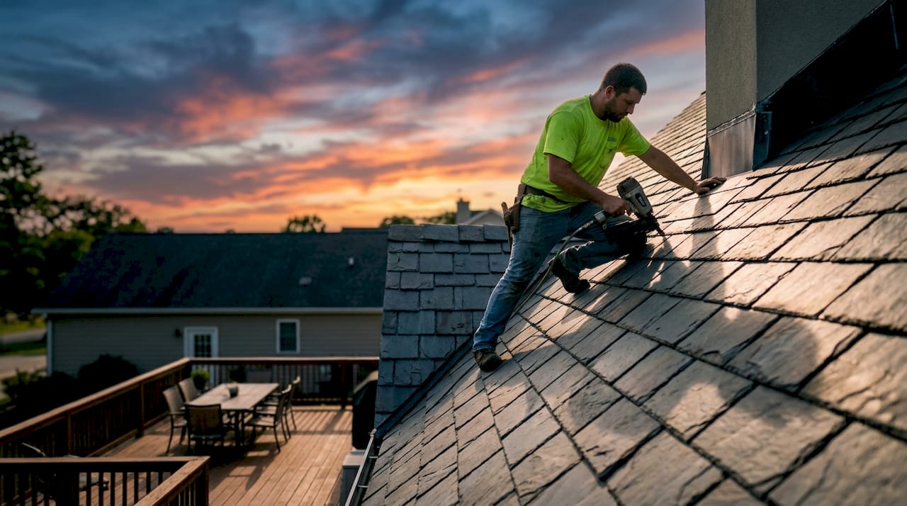 Roofer inspecting steep clay tile roof