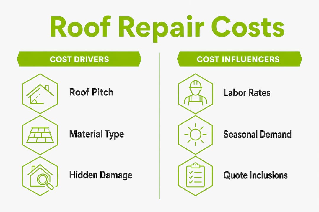 Infographic comparing roof repair cost drivers and influencers