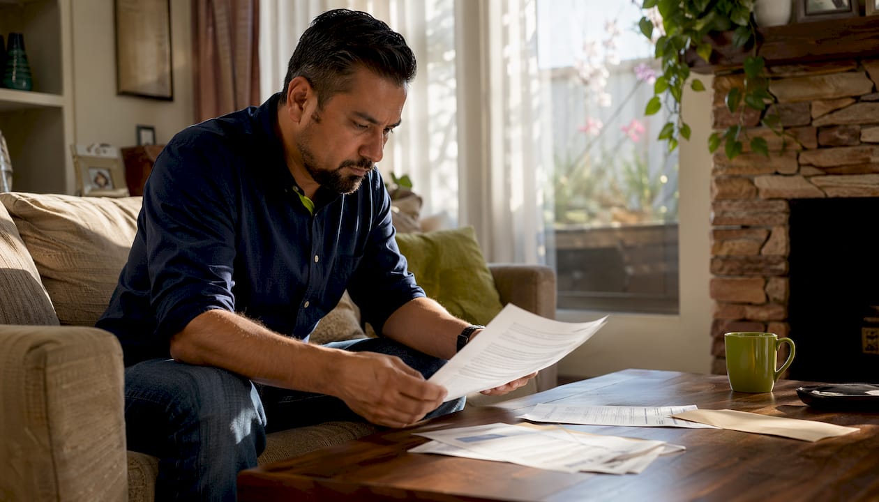 Man reviewing roof financing documents at home